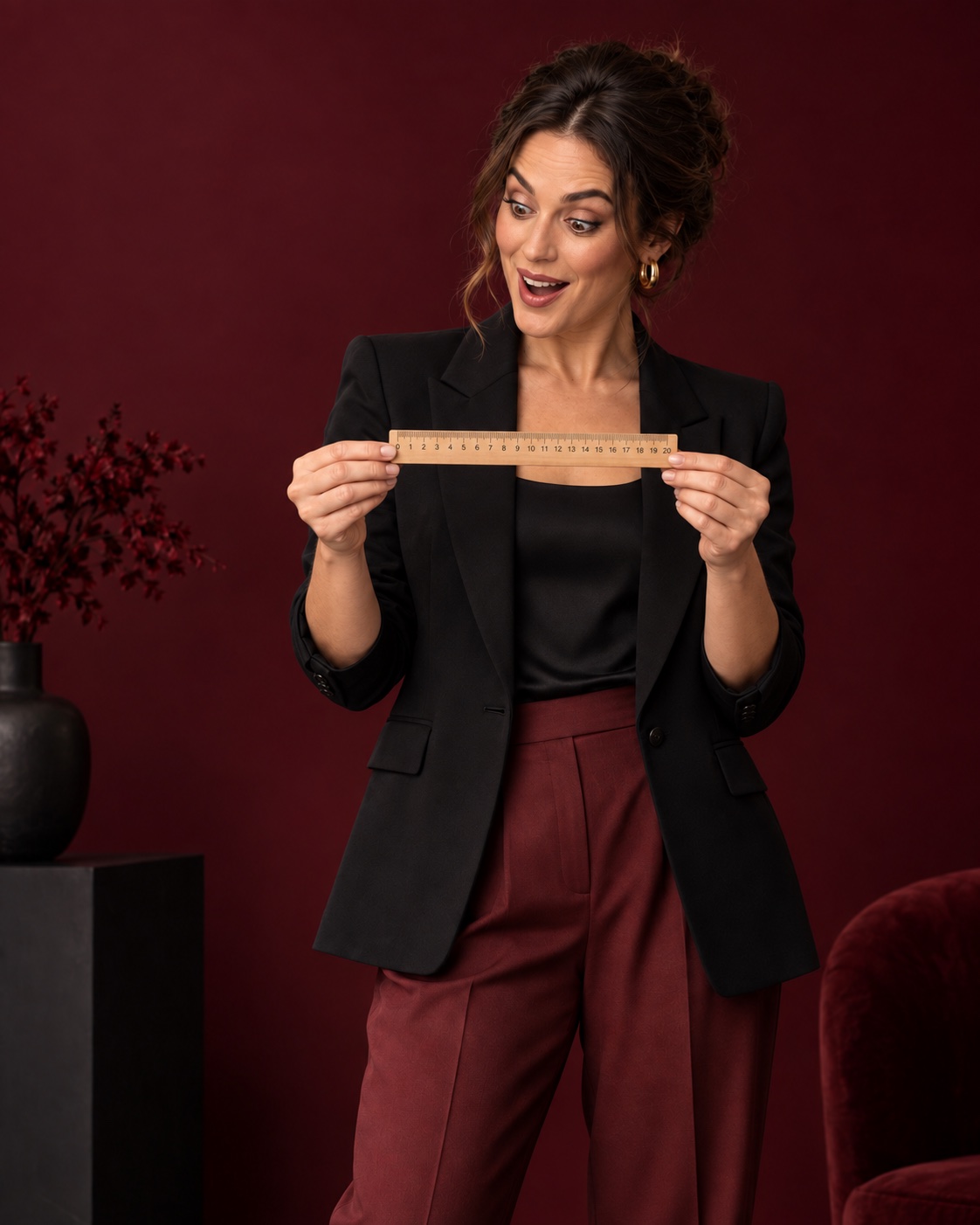 Surprised woman holding a twenty-centimetre ruler against an elegant burgundy background.